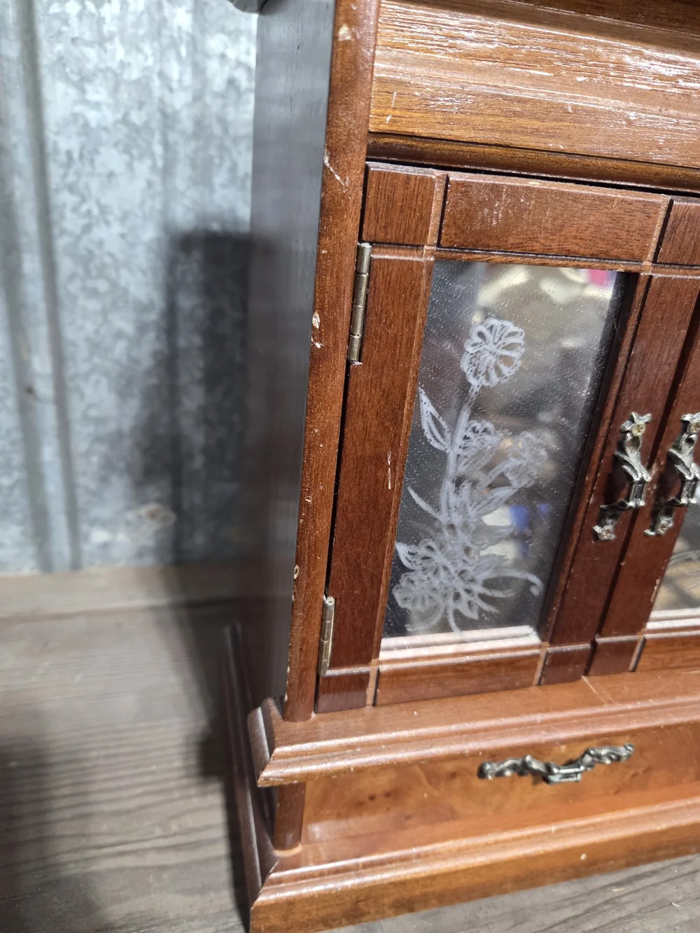 Wooden Jewelry Cabinet with Etched Glass Doors - Brown